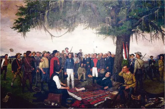  ?? Harry Cabluck / Associated Press ?? TOP: The painting by William H. Huddle, “The Surrender of Santa Anna,” depicting the morning of April 27, 1836, has been displayed in the Texas Capitol since February 1891. The Mexican general is shown in the uniform of a private soldier. Sam Houston...