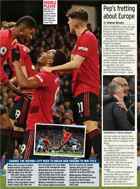 ?? Main picture: MATTHEW PETERS ?? DOUBLE PLEASE Martial and Rashford, inset below, did the goal damage in the triumph over City
GUARDIOLA: Derby setback