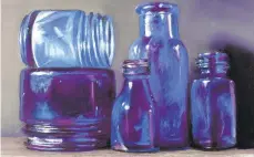  ??  ?? ‘5 Cobalt Bottles’ is by Jacqueline Meyerson, recognized as a Master Pastelist by the prestigiou­s Pastel Society of America.