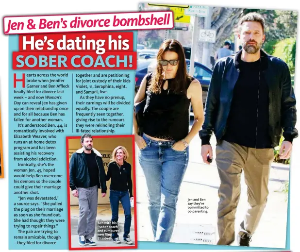  ??  ?? Ben with his “sober coach” and rumoured new fling Elizabeth. Jen and Ben say they’re committed to co-parenting.