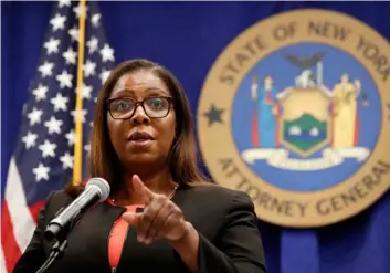  ?? AP Photo/Kathy Willens ?? In this Aug. 6 file photo, New York State Attorney General Letitia James takes a question at a news conference in New York.