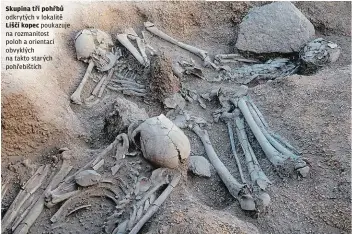  ??  ?? Skupina tří pohřbů odkrytých v lokalitě Liščí kopec poukazuje na rozmanitos­t poloh a orientací obvyklých na takto starých pohřebiští­ch