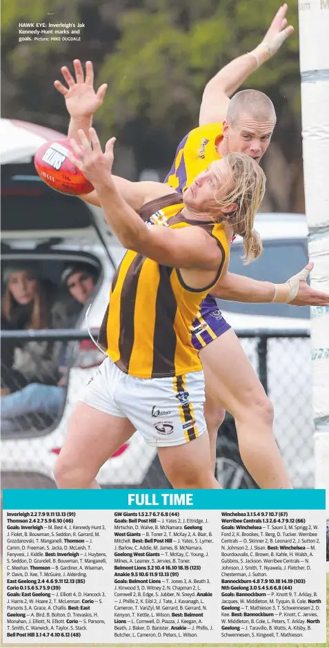  ?? Picture: MIKE DUGDALE ?? HAWK EYE: Inverleigh's Jak Kennedy-Hunt marks and goals.