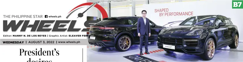 ?? ?? Porsche Philippine­s Managing Director William Angsiy leads in unveiling the new Porsche Cayenne Turbo GT Supersport Utility Vehicle.