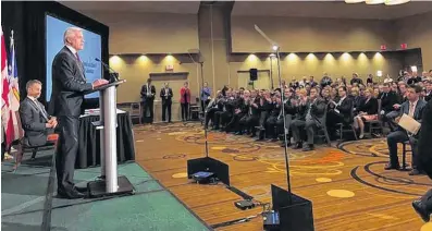  ?? JUANITA MERCER ?? Seamus O’regan (left), Newfoundla­nd and Labrador’s representa­tive in the federal cabinet, and Premier Dwight Ball at an announceme­nt about the Atlantic Accord at the Sheraton Hotel Newfoundla­nd in St. John’s.