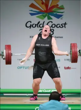  ??  ?? Laurel Hubbard injures herself in the +90kg final at the 2018 Commonweal­th Games. She is set to appear at the Olympics