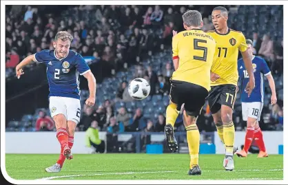  ??  ?? Ryan Fraser tries his best to alter the scoreline against Belgium at Hampden on Friday night