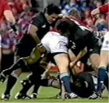  ??  ?? Television footage shows Keven Mealumu, left, and Tana Umaga grabbing Brian O’Driscoll’s legs.