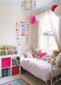  ??  ?? AMBER’S BEDROOM The pretty wrought-iron day bed and sparkling chandelier make for an idyllic little girl’s room. Daisy day bed, £399, John Lewis. blush pink duvet set, £100, Soak&sleep. Cage chandelier, £550, the Vintage Chandelier Company. Floral rug,...