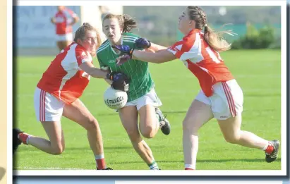  ??  ?? From far left: Niamh Sweeney of St. Brides and Louise Corcoran, Geraldines race for the ball; Player of the Match Abbi O’Connor; Gemma McCrave of Geraldines is tackled by Niamh Belton and Kate Wynne of St. Brides; Geraldines captain Lauren McFaul raises the Cup; Abbi O’Connor of Geraldines is chased by Aoife Reilly of St. Brides.