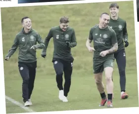  ??  ?? Brendan Rodgers and Steve Clarke shake hands before Celtic’s 2-1 defeat at Rugby Park earlier in the season, while Callum Mcgregor, James Forrest, Scott Brown and Jack Hendry train at Lennoxtown yesterday ahead of today’s return fixture in Glasgow.