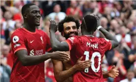  ?? Photograph: Peter Powell/ Reuters ?? Mohamed Salah (centre) celebrates scoring against Crystal Palace with Ibrahima Konaté and Sadio Mané in Liverpool’s last home league game, a 3-0 win.