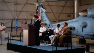  ?? (Photo: MCVSW/AI41 Sara Eshleman) ?? Ambassador Taranjit Singh Sandhu, Indian Ambassador to the US, delivers remarks during a ceremony in which the Indian Navy inducted its first two MH-60R Seahawks.