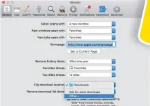  ??  ?? In Safari’s General preference­s, click “File download location” and choose Other to save future downloads onto an external drive.