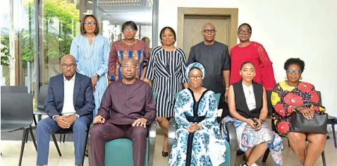  ??  ?? Former staff of Access Bank from front row, Innocent Ike ( left); Aigboje Aig- Imoukhuede; Mrs Ofovwe Aig- Imoukhuede; Angela Jide- Jones; Ladi Obetta, while on back row are Chinwe Uzoho ( left); Aina Akintonde; Kathleen Erhimu: Etim Etim; Sandra Okoli, during a condolence visit to their former boss, Aigboje Aig- Imoukhuede, on the passing of his mother, Pastor Emily Aig- Imoukhuede in Lagos.