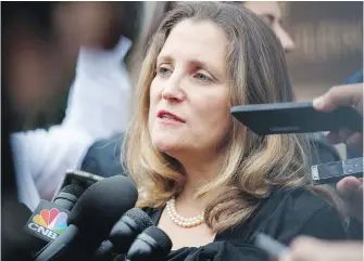  ?? CAROLYN KASTER, THE ASSOCIATED PRESS ?? Foreign Affairs Minister Chrystia Freeland speaks to the media as she arrives at the Office Of The United States Trade Representa­tive on Tuesday in Washington.