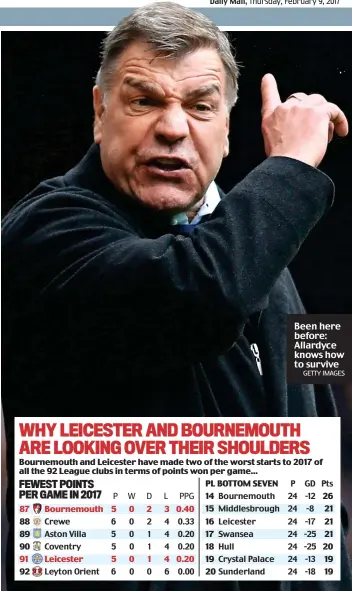  ?? GETTY IMAGES ?? Been here before: Allardyce knows how to survive