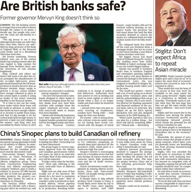  ??  ?? Not safe: King says although banks in UK today are safer than they were before, they’re not safe. — AFP