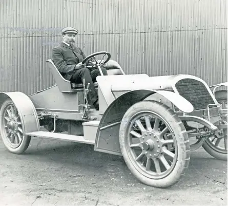  ??  ?? A gentleman at the wheel of a Dalhousie motor vehicle which was manufactur­ed between 1908 and 1910 at Taymouth Engineerin­g Works in Carnoustie.