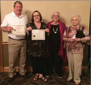  ?? Submitted photo ?? WINNERS: Hot Springs Writers Critique Group members, from left, Charles “Chap” Harper, Bitty Martin, Nancy Smith Gibson, and Jane Dews Benkart display awards received at the 51st Annual Ozarks Creative Writers Conference in Eureka Springs.