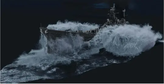  ??  ?? Below: Creating the frothy whitewater and crashing waves around the ship were among Stormborn’s biggest challenges on the project