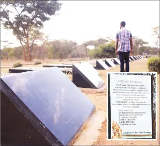  ??  ?? A resident walks through Chinhoyi Provincial Heroes Acre recently and (inset) the roll of honour for the Chinhoyi Seven, which lies a stone’s throw from the provincial shrine