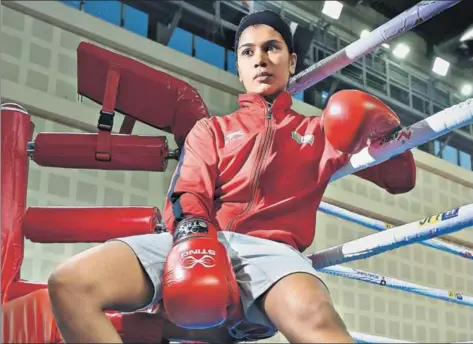  ?? RAJ K RAJ/HT PHOTO ?? Nikhat Zareen during a practice session in New Delhi ahead of the Asian Championsh­ips that will begin on April 16 in Bangkok.