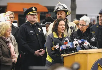  ?? Michael Short / Special to The Chronicle 2016 ?? Oakland Mayor Libby Schaaf speaks at the scene of the Ghost Ship warehouse fire three days after the fatal blaze. Multiple lawsuits have been filed over the deaths of 36 people.