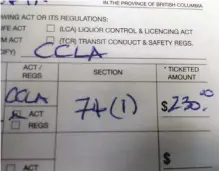  ?? OAK BAY POLICE ?? This ticket issued to a teen on Sunday night is Oak Bay’s first cannabis violation ticket since legalizati­on on Oct. 17.