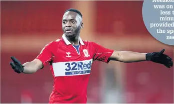  ??  ?? Neeskens Kebano was on the pitch less than 20 minutes but provided Boro with the spark they
needed
■ Neeskens Kebano was Boro’s key player says Dominic Shaw. Right, Paddy Mcnair celebrates with team-mates after scoring the equaliser agai8nst Cardiff