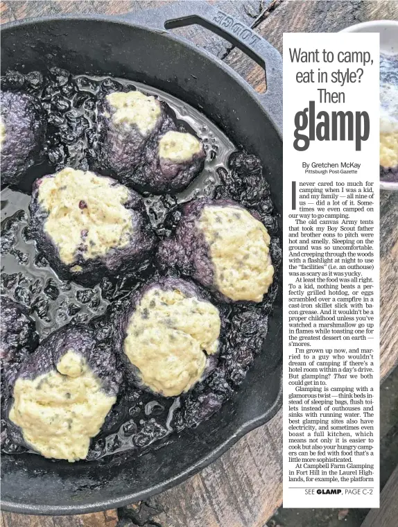  ?? Gretchen McKay/Post-Gazette ?? A slump is an easy camping dessert where fruits —- in this case blueberrie­s —- are cooked beneath a crust of biscuit dough.