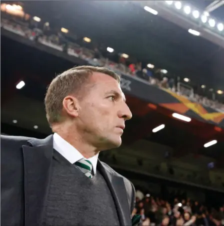  ??  ?? Celtic manager Brendan Rodgers looks on as his team take on Europa League rivals Valencia in The Mestalla on Thursday. Rodgers said he was ‘so, so proud’ of his team