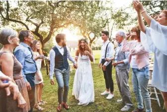  ?? ?? 非典型的婚禮服裝規定­漸盛行，許多新婚夫妻會告訴賓­客可著非傳統服裝。
（Getty Images）