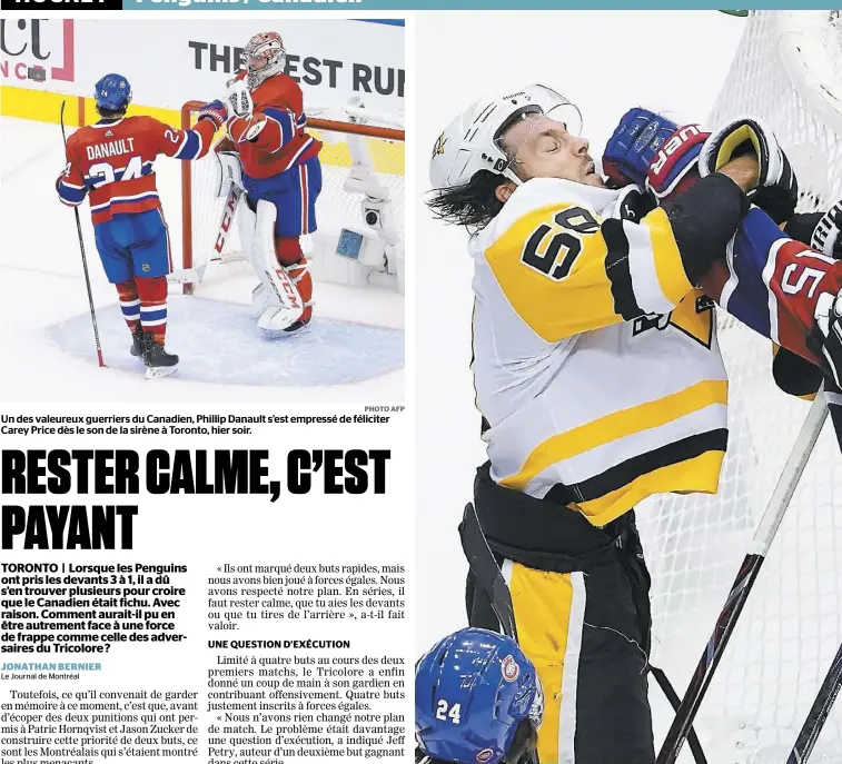  ?? PHOTO AFP ?? Un des valeureux guerriers du Canadien, Phillip Danault s’est empressé de féliciter Carey Price dès le son de la sirène à Toronto, hier soir.