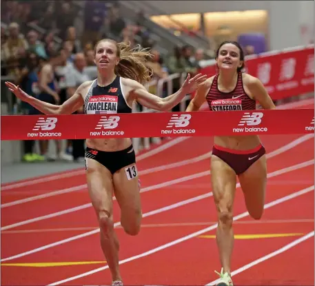  ?? STUART CAHILL — BOSTON HERALD ?? Mass. native Heather MacLean (L) beats out Lucia Stafford to win the women’s mile at the New Balance Indoor Grand Prix on February 4, 2023 in BOSTON.