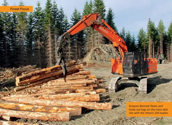  ??  ?? Grayson Bennett fleets and loads out logs on the main skid site with the Hitachi 250 loader.