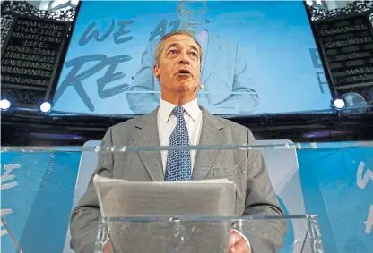  ?? /Reuters ?? Chaotic: Brexit Party leader Nigel Farage is one of the main architects of the British vote to leave the EU. He has described the constituti­onal crisis as government battles to manage Brexit as the worst since the reign of Charles I.