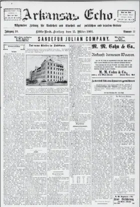  ?? (Special to the Democrat-Gazette) ?? The Arkansas Echo, published from 1891 to 1932, was one of two long-running German-language newspapers printed in Little Rock. The Subiaco monastery is shown on this front page. Print editions of the paper kept by monks at Subiaco were provided to the State Archives for digitizing.