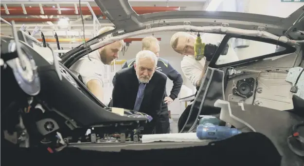  ??  ?? 0 Labour Leader Jeremy Corbyn visits luxury car maker Aston Martin. Production output in the UK fell by 1.4%, with manufactur­ing showing a 2.3% decline