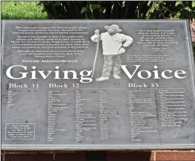  ??  ?? The “Giving Voice” plaque at Historic Arkansas Museum lists 139 slaves owned by antebellum residents of Little Rock.