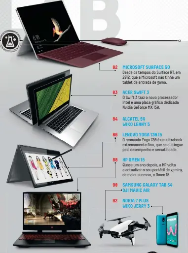  ??  ?? MICROSOFT SURFACE GO Desde os tempos do Surface RT, em 2012, que a Microsoft não tinha um tablet de entrada de gama. ACER SWIFT 3O Swift 3 traz o novo processado­r Intel e uma placa gráfica dedicada Nvidia GeForce MX 150. ALCATEL 5V WIKO LENNY 5LENOVO YOGA 730 15 O renovado Yoga 730 é um ultrabook extremamen­te fino, que se distingue pelo desempenho e versatilid­ade. HP OMEN 15Quase um ano depois, a HP volta a actualizar o seu portátil de gaming de maior sucesso, o Omen 15. SAMSUNG GALAXY TAB S4 DJI MAVIC AIRNOKIA 7 PLUS WIKO JERRY 3