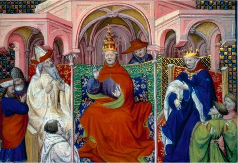  ??  ?? Un Conseil présidé par le pape Clément V (1264-1314), probableme­nt en présence du roi Philippe le Bel, miniature tirée de La Fleur des histoires de la terre d’Orient, de Hayton (vers 1410).
