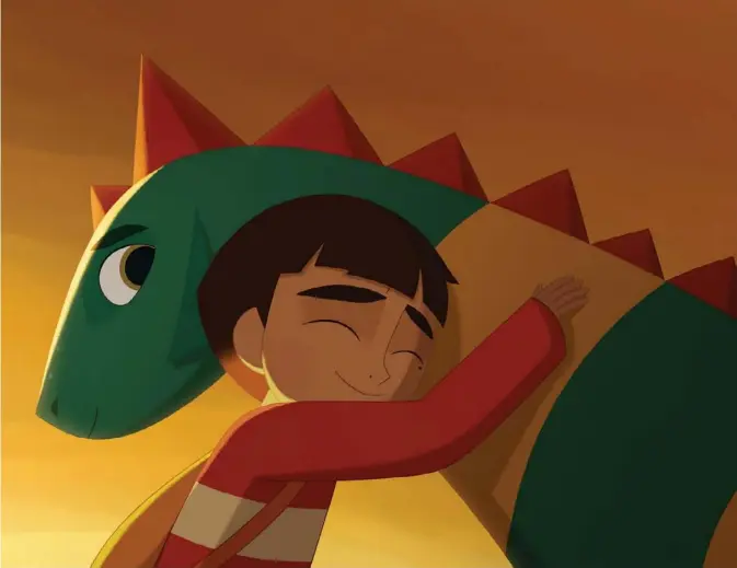  ?? Netflix ?? Elmer (voiced by Jacob Tremblay) with Boris the dragon (Gaten Matarazzo) in "My Father's Dragon."