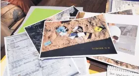  ?? JOLINE GUTIERREZ KRUEGER/JOURNAL ?? Photos of items found at the scene where Charles Daniel Samek is believed to have died include images of a skull and copies of official documents bearing his name.