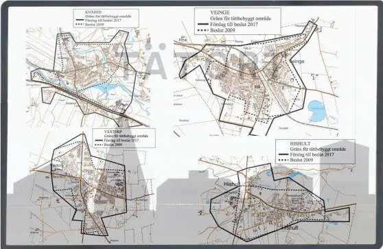  ?? Bild: LAHOLMS KOMMUN/HENRIK WILLIAMSSO­N ?? VÄXER. Skyltarna för tättbebygg­t område får flyttas i Knäred, Veinge, Våxtorp och Hishult. Heldragen linje visar nya gränser, streckad de nuvarande.