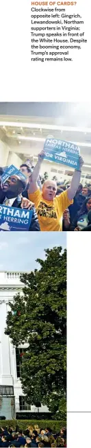  ??  ?? HOUSE OF CARDS? Clockwise from opposite left: Gingrich, Lewandowsk­i, Northam supporters in Virginia; Trump speaks in front of the White House. Despite the booming economy, Trump’s approval rating remains low.