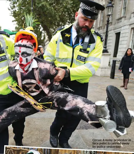  ??  ?? Circus: A noisy protester in face paint is carried away by police yesterday