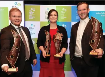  ??  ?? Wicklow’s Best Young Entreprene­ur Kate Dempsey of Irish Mussel Seed Company, with the Best Establishe­d Business winner, Michael Noble of Noble Education (left), and the Best Start-Up winner, Maurice Sheehy of Fleet.