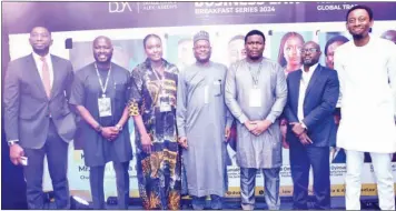  ?? ?? Participan­ts at the Duale Ovia & Alex- Adedipe TMT Business Law Breakfast Series 2024, Adeniyi Duale ( left); Kola Aina; Adesuwa Okunbo- Rhodes; Kyari Abba Bukar; Tosin Eniolorund­a; Femi Ogunjimi and Olatubosun Alake during the event.