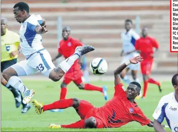  ?? PHOTOS: SAMUEL SHIVAMBU/BACKPAGEPI­X ?? MAN DOWN: Diego Brown of Chippa, left, is tackled by Thabang Monare of Jomo Cosmos during their match earlier this month